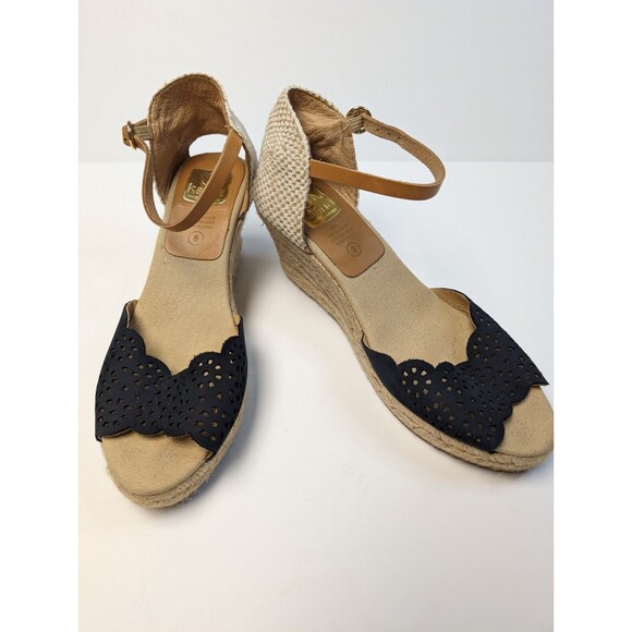 KANNA SPAIN 8 OPEN TOE ESPADRILLE SHOES LEATHER UPPER BLUE TAN WEDGE CUTE! - Picture 1 of 9
